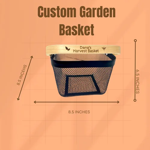 Vista 4 de Cesta de cosecha de malla personalizada con mango grabado personalizado, regalo para jardineros, cesta de cosecha vegetal, herramientas
