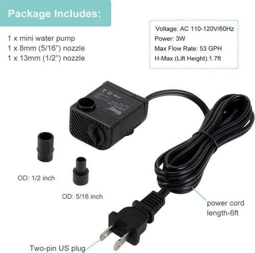Vista 5 de hygger Mini bomba de agua sumergible ultra silenciosa de 53 GPH (200 L/H, 3 W), viene con 2 boquillas, para acuarios, pecera, fuente, hidroponía
