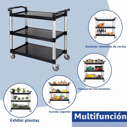 Vista 3 de UNICOO Carrito rodante de 3 niveles resistente, carrito de servicio con ruedas, capacidad de 550 libras, ruedas bloqueables y silenciosas Negro