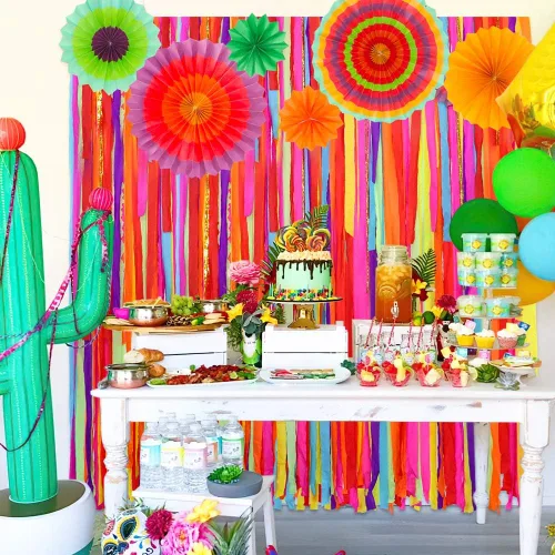 Vista 7 de Telón de fondo de fiesta mexicana con abanicos de papel, decoración de fiesta mexicana del Cinco de Mayo, telón de fondo para boda, novia, baby