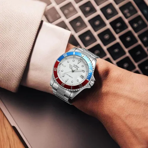 Vista 8 de MASTOP Relojes mecánicos automáticos para hombre, de acero completo, impermeables, con calendario