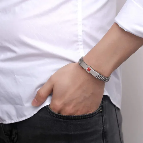 Vista 3 de mnmoom - Pulsera unisex de acero inoxidable con grabado de alerta médica para hombre y mujer