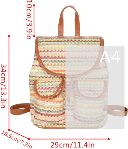 Vista 4 de Meyaus Mochila de paja hecha a mano para mujer, con solapa, cordón y cordón, Marrón claro, Mochilas Daypack