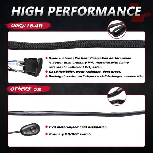 Vista 6 de OFFROADTOWN Arnés de cableado de barra de luz LED, 1 cable de 16.4 pies, kit de cableado de nailon para luces de conducción, luz de trabajo, luces