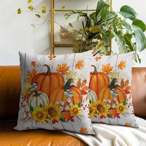 Vista 8 de Giwawa Juego de 2 fundas de almohada de calabaza otoñal de 16 x 16 pulgadas, fundas de cojín de algodón de madera de girasol para sofá, patio