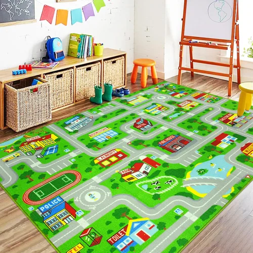 Vista 14 de Capslpad Alfombra Azul de Coche y Carretera para Niños, Alfombra de Juego para Sala de Juegos, Alfombra Antideslizante Lavable con Mapa de la Ciudad