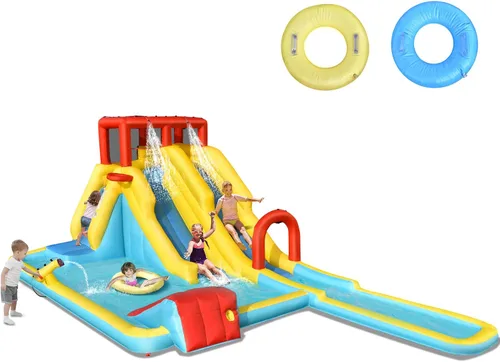 Vista 12 de HONEY JOY Tobogán acuático inflable, tobogán acuático de elefante 9 en 1 para patio trasero de niños, piscina de chapoteo, punta de tac, pared