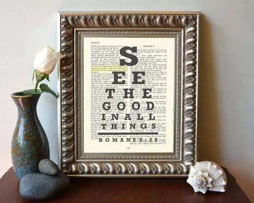 Vista 2 de See the Good in All Things, All Things Work for Good, carta de ojos de Romanos 8:28, impresión artística cristiana sin marco, versículo bíblico