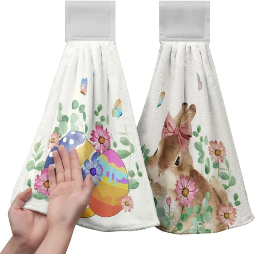 Vista 34 de Juego de 2 toallas de cocina colgantes de hojas tropicales de verano, color verde, hojas de palmera, con bucles para colgar, suaves y absorbentes