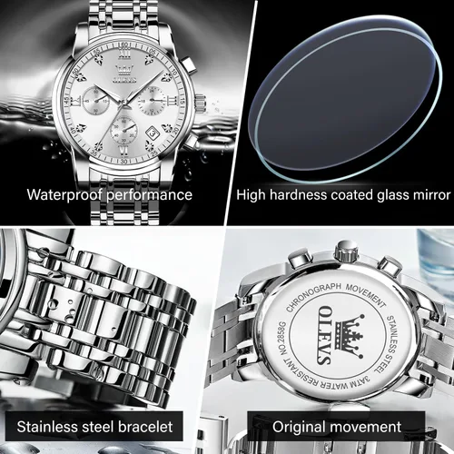 Vista 3 de OLEVS Relojes impermeables para hombre, de acero inoxidable, con cronógrafo, de lujo, color blanco, luminoso, de gran cara, analógico, de cuarzo