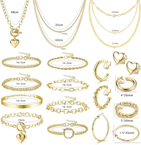 Vista 6 de Drperfect Juego de joyas de oro y plata para mujer, collar de cadena de corazón de moda, collar, pulsera, clip, aretes, accesorios de joyería