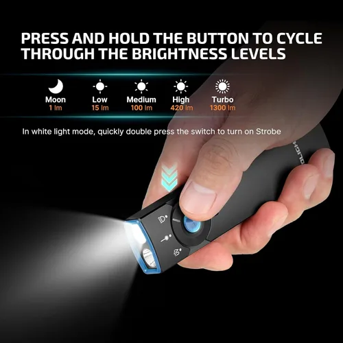 Vista 6 de OLIGHT Arkfeld Pro - Linterna plana recargable EDC color negro CW UV Light, Green Beam, White LED, 1300 Lumens, Portable Pocket Light, Magnetic