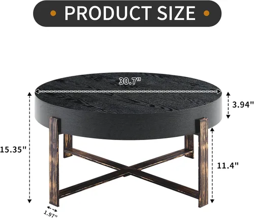Vista 3 de Mesa de centro redonda de 30.7 pulgadas, mesas de centro modernas para sala de estar, mesa de té circular de madera con patas de metal