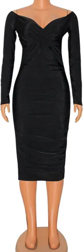 Vista 3 de Elainone Vestido midi fruncido de manga larga con hombros descubiertos para mujer, vestido de invitada de boda, elegante, cóctel, fiesta, club