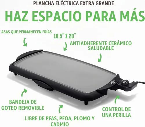 Vista 3 de GreenLife - Plancha eléctrica extragrande de 20 pulgadas, color grafito Negro grafito
