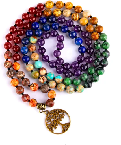 Vista 15 de Bivei 7 Chakra 108 Mala Beads Bracelet Real Gemstone Yoga Meditation Hand Knotted Mala Prayer Bead Necklace