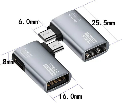 Vista 4 de Adaptador OTG micro USB 2 en 1 alimentado de 90 grados en ángulo recto con puerto de carga de alimentación micro USB, paquete de 2