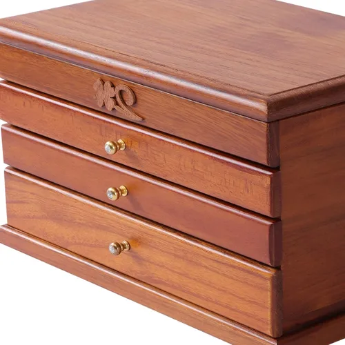 Vista 8 de CNCEST Joyero de madera para mujer con espejo estuche organizador de joyas rectangular de 4 capas para almacenamiento de collares anillos aretes