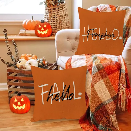 Vista 4 de JOOCAR Juego de 2 fundas de almohada de otoño, con texto en inglés «Hello Pumpkin», «Hello Fall», fundas decorativas de lino para sofá, decoración
