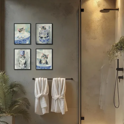 Vista 4 de DEQSX - Juego de 4 impresiones divertidas de arte de pared de baño de estilo chino azul y blanco con gatos, regalos para amantes de gatos, pósters