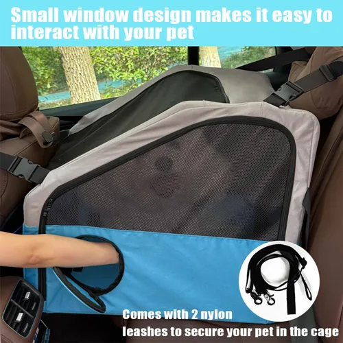 Vista 3 de Jaula portátil grande para mascotas para viajes en automóvil, 24 x 22 x 25 pulgadas, plegable para perros y gatos con cinturón de seguridad y correa