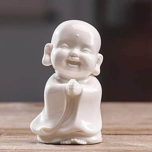 Vista 3 de Kingzhuo Juego de 3 estatuas de monje de Buda sonriente de cerámica, figuras de porcelana blanca, adornos de muñecas coleccionables felices, figuras