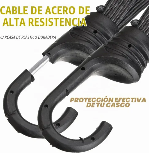 Vista 3 de 2 piezas de correa elástica retráctil de alta calidad para casco de motocicleta en negro, con malla para casco y 2 ganchos (23.6")