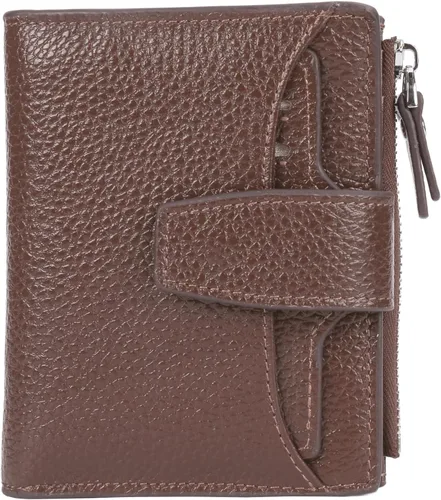 Vista 28 de Cartera de cuero con bloqueo RFID para mujer, pequeña, compacta, doble cremallera, con ventana para identificación