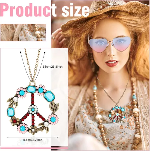 Vista 3 de Juego de 4 accesorios de disfraz hippie de los años 70 con signo de paz de los años 60 para mujer, collar, aretes de margarita, diadema de flores