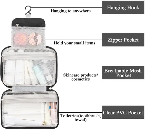 Vista 3 de Neceser colgante para viajes, bolsa organizadora de maquillaje impermeable para hombres y mujeres, bolsa de almacenamiento portátil de cosméticos