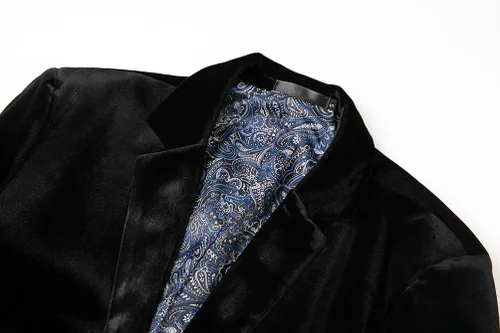 Vista 3 de THWEI Blazer de terciopelo para hombre, chaqueta de traje sólido de moda ajustada Negro