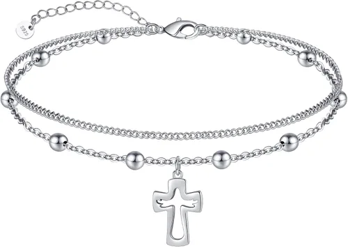 Vista 23 de CHIC & ARTSY Tobilleras de plata de ley S925 para mujer, pulsera de tobillo ajustable multicapa para playa, joyería de verano para mujer, de 10 a 11