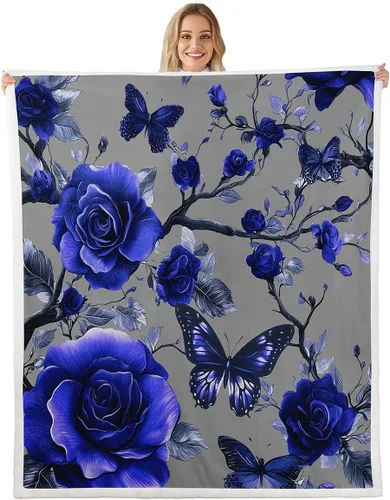 Vista 11 de Manta de franela azul rosa para todas las estaciones, manta de cama gótica de mariposa para decoración del hogar kawaii, manta rústica con flores