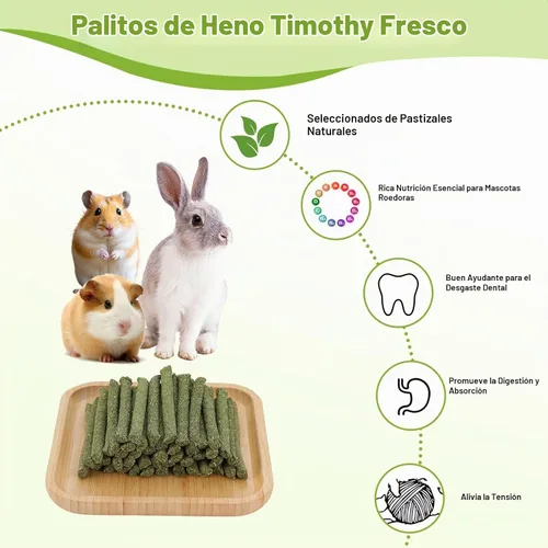 Vista 2 de 100 palitos de heno Timothy para conejos, cobayas, chinchillas, golosinas masticables para masticar, hierba Timothy natural, dientes molares