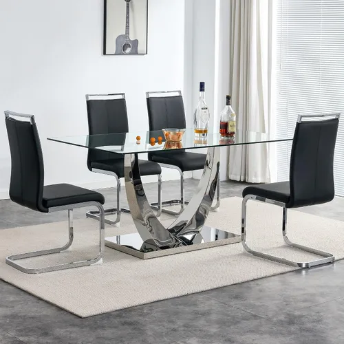 Vista 3 de Mesa de comedor moderna de vidrio de 63 pulgadas para 4-6, mesa de comedor rectangular de vidrio con vidrio templado de 0.39 pulgadas y base