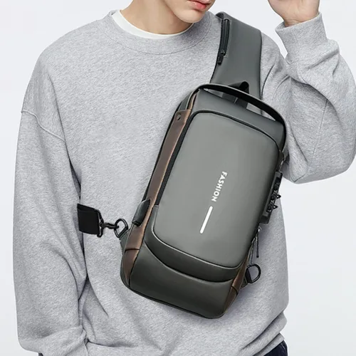 Vista 7 de Bolso cruzado para hombre, bolsa de pecho para hombre con puerto de carga USB, mochila cruzada con hombre, adecuada para uso diario y al aire libre
