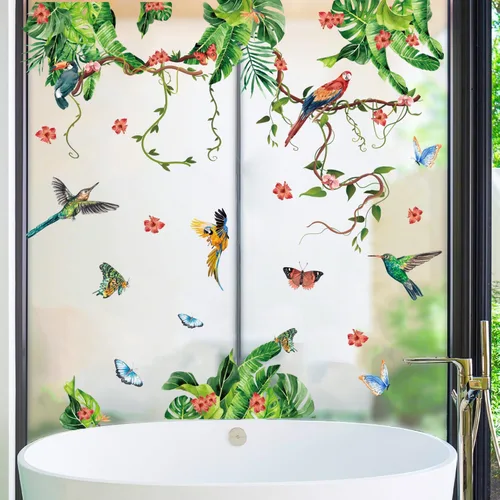 Vista 9 de Vinilo botánico de hojas verdes, calcomanías de vinilo para despegar y pegar, enredaderas rústicas colgantes, mural, mariposas, flores, calcomanías