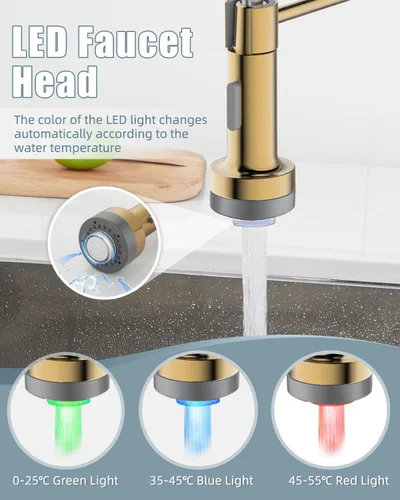 Vista 3 de Grifo de cocina LED, grifo de cocina de oro cepillado con dispensador de jabón y placa de cubierta, grifo para fregadero de cocina de casa rodante C