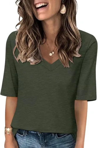 Vista 7 de Minetom Camisetas de verano básicas de media manga con cuello en V para mujer