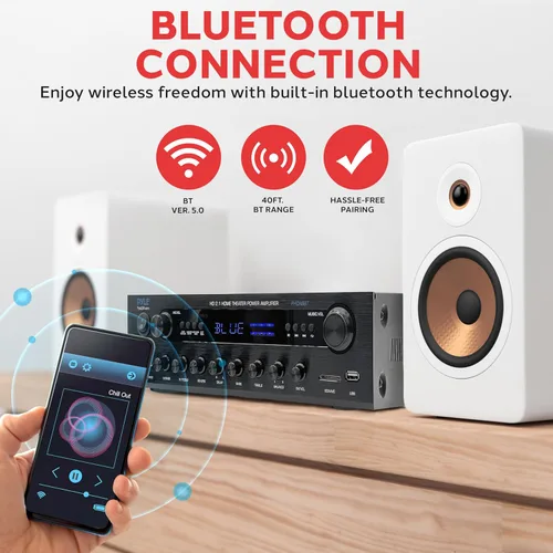 Vista 4 de Pyle Receptor Amplificador Estéreo de 400W - Amplificador de Audio BT para el Hogar con Lectores USB/SD, Radio FM, Aux de 3.5mm, Fono, Entradas