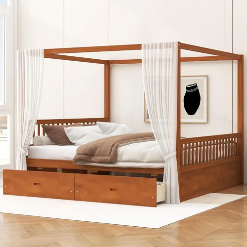 Vista 12 de Cama con dosel de metal, con plataforma de 4 postes de Coner con cabecera entrecruzada y estribo, tamaño Queen