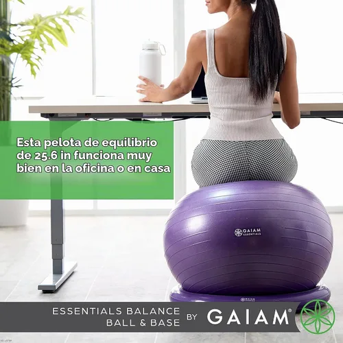 Vista 6 de Kit de pelota de equilibrio y base Gaiam Essentials, silla de pelota de yoga de 65 cm, pelota de ejercicio con base de anillo inflable para el Negro