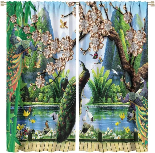 Vista 29 de Cortinas opacas de pavo real, hermoso patrón de estampado de flores de pavo real azul, estampado de mariposas y pavo real, juego de 2 paneles