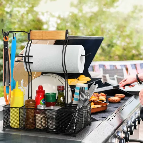 Vista 2 de FANGSUN Organizador para parrilla, organizador de barbacoa con soporte para toallas de papel, organizador de utensilios de condimentos de picnic