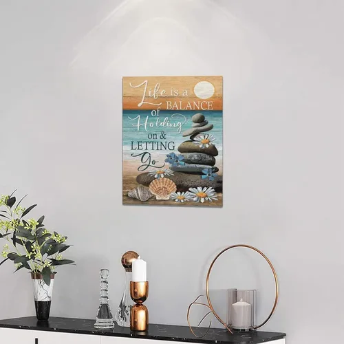 Vista 3 de Lienzo inspirador de playa costera, arte para pared, diseño de piedras zen, puesta de sol y océano, decoración de pared, citas de vida, impresiones