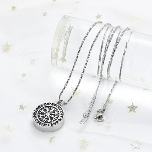 Vista 6 de Yinplsmemory Joyería de cremación, collar de urna de brújula rúnica vikinga para cenizas para hombres, cenizas, recuerdo conmemorativo, joyería