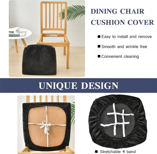 Vista 4 de Fundas elásticas de terciopelo para asiento de silla de comedor, 2 piezas, fundas protectoras de asiento suaves para sillas de comedor, fundas Negro