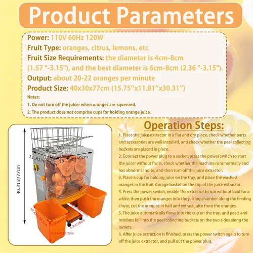Vista 3 de Máquina exprimidora naranja comercial de 110 V, extractor automático de acero inoxidable naranja con engranajes de acero, 2 cáscaras que recogen