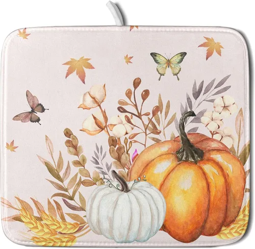 Vista 56 de Tapete de Secado de Platos de Florero de Girasoles Otoñales para Encimera de Cocina, Tapete de Secado de Hojas de Arce y Calabaza Otoñal de 16 x 18