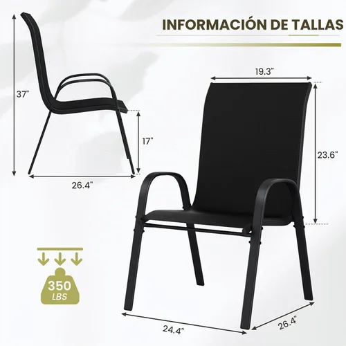 Vista 3 de UDPATIO Juego de 4 sillas de patio, sillas de comedor apilables para exteriores con respaldo alto, silla de tela de textileno transpirable para Negro